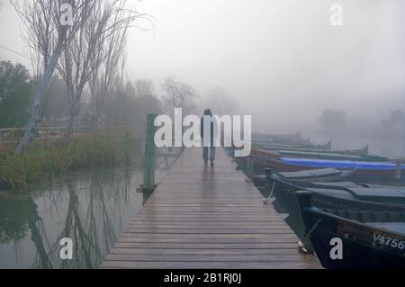 Homme marchant dans le brouillard sur une passerelle en bois Banque D'Images