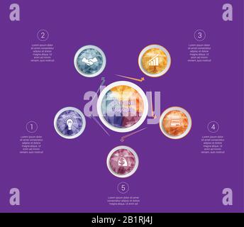 Infographies polygonales. Pour les conceptions sur 5 positions cercles colorés avec triangles et polygones dans un cercle. Illustration de Vecteur
