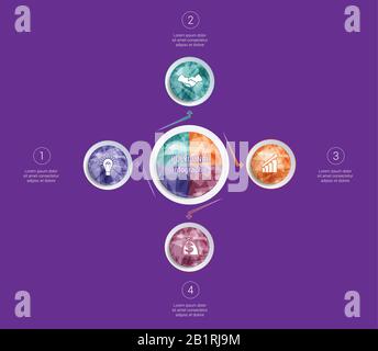 Infographies polygonales. Pour les conceptions sur 4 positions cercles colorés avec triangles et polygones dans un cercle. Illustration de Vecteur