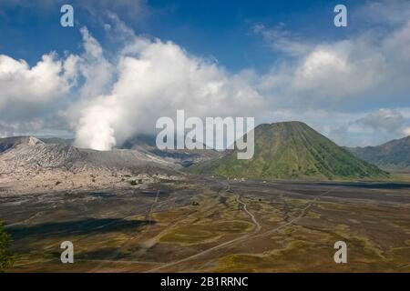 Cratère actif de Bromo sur la gauche et volcan Batok sur la droite, Parc national de Bromo Tengger Semeru, île Java, Indonésie Banque D'Images