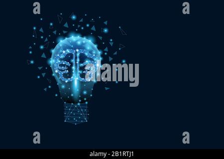 Ampoule de triangles et cerveau lumineux et points. Arrière-plan du beau ciel bleu foncé de nuit. Idée de concept. Illustration polygonale. Poly faible Banque D'Images