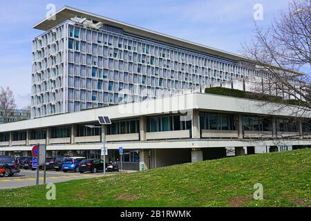 Genève, SUISSE -5 APR 2019- vue extérieure de la construction de l'Organisation mondiale de la santé (OMS), organisation internationale des Nations Unies Banque D'Images