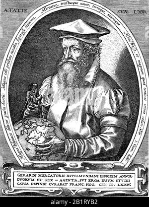 Gerardus Mercator, 5 mars 1512 - 2 décembre 1594, était un géographe du XVIe siècle, cosmographe et cartographe du comté de Flandre / Gerhard Kremer Mercator, ein Geographe und Kartograf, Historisch, amélioration numérique de la reproduction d'un original du XIXe siècle / digitale Reproduktion elage Originalvoraus dem 19. Jahrhundert Banque D'Images