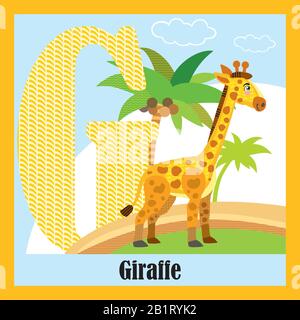 Dessin animé vectoriel flashcards de l'alphabet animal, lettre G. Dessin Animé Coloré illustration de la lettre G et girafe caractère vectoriel. Zoo aux couleurs vives Illustration de Vecteur