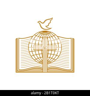 Logo de l'Église. Symboles chrétiens. Ouvrez la bible, la croix et le globe. Illustration de Vecteur