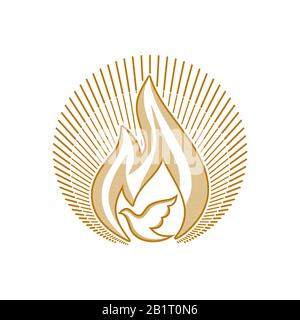 Logo de l'Église. Symboles chrétiens. Flammes et colombes, comme symboles du Saint-Esprit. Illustration de Vecteur