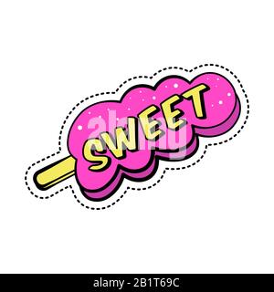 Autocollant coloré avec texte, crème glacée rose douce sur le bâton, écusson de style rétro de dessin animé, illustration vectorielle isolée. Illustration de Vecteur