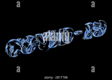 L'inscription du coronavirus COVID-19 est faite par des lettres bloquées avec des brins de virus bleu rougeoyants. Illustration 3d de la condition épidémique isolée sur blanc Banque D'Images