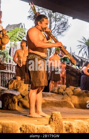 Rotorua, NOUVELLE-ZÉLANDE - 10 novembre 2019: Acteur dans la robe traditionnelle joue de la flûte en bois, tourné à La performance Du village maori Mitai le 10 novembre 2019 à Banque D'Images