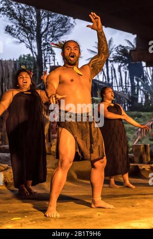Rotorua, NOUVELLE-ZÉLANDE - 10 novembre 2019: Acteur dans la robe traditionnelle exécute la danse de guerre de Haka sur scène, tourné au Village maori Mitai performa Banque D'Images