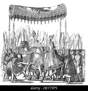 L'empereur Charles V et le Pape Clément VII procession à Bologne après le double couronnement en 1530 / Umzug von Kaiser Karl V. und Papst Clemens VII nach der Doppelkrönung zu Bologna im Jahre 1530, Historisch, Amélioration de la reproduction numérique d'un original du XIXe siècle / digitale Reproduktion einer Originalvorlage aus dem 19. Jahrhundert Banque D'Images