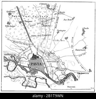 Plan de la bataille de Pavie, une bataille dans le contexte des guerres italiennes pour l'hégémonie en Europe entre les Habsbourg sous Charles V et les Valois sous François I, Qui a eu lieu le 24 février 1525 / Plan der Schlacht bei Pavie, eine Schlacht im Rahmen der Italienkriege die Hegemonie in Europa zwischen den Habsburgern unter Karl V. und den Valois unter Franz I., die am 24. Février 1525 stattfand, Historisch, numérique amélioration de la reproduction d'un original du XIXe siècle / digitale Reproduktion einer Originalvorlage aus dem 19. Jahrhundert Banque D'Images