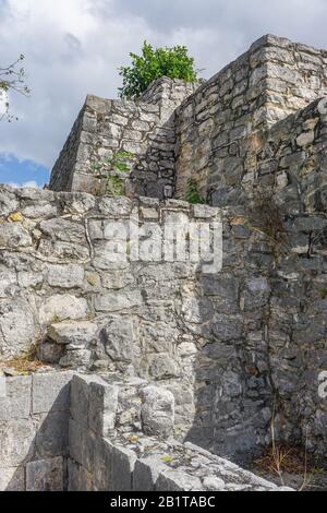 Dzibilchaltun, Yucatan, Mexique: Détail de la structure 36, une pyramide à niveaux avec un escalier central, au coin nord-est de la place principale. Banque D'Images