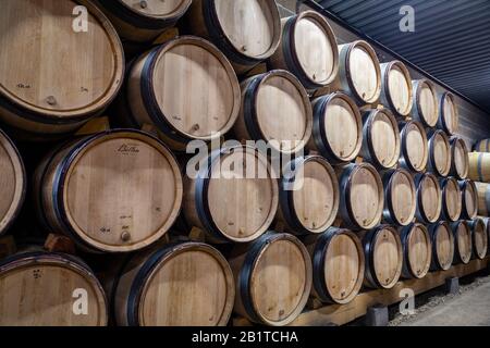 France Bourgogne 2019-06-20 des pipes en chêne à vin en bois empilés dans une ancienne cave à vin. Concept brasserie fond, dégustation professionnelle, amateur de vin, somme Banque D'Images