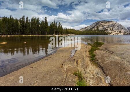 Lac Tenaya dans la montagne de la Sierra Nevada, mont Dane en arrière-plan. Parc National De Yosemite, Californie, États-Unis. Banque D'Images