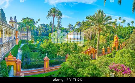 Séville, ESPAGNE - 1er OCTOBRE 2019 : vue panoramique sur les jardins du palais de l'Alcazar avec grand mur de la galerie Grotesque et la végétation luxuriante environnante, sur Octo Banque D'Images