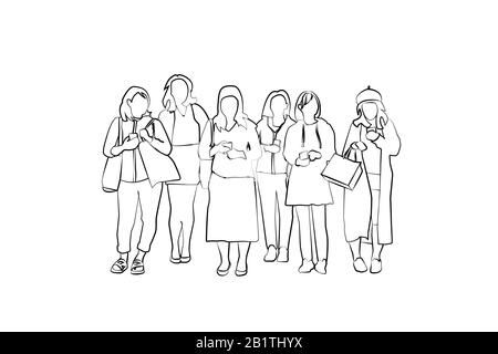 les femmes qui tiennent le téléphone mobile, le style de dessin d'illustration de personnes Banque D'Images