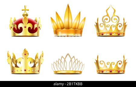 Couronne et tiara réalistes. Couronnes royales dorées, reines Gold diadem et monarchs couronne vecteur set Illustration de Vecteur