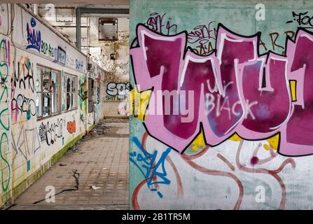 Bâtiments négligés, isolés, d'art urbain, avec des murs de graffitis peints en spray, usine de dérapage, peinture peeling. Banque D'Images