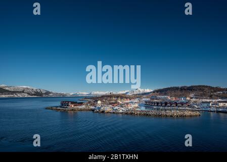 Village avec des cottages de Rorbu sur un fjord en Norvège Banque D'Images