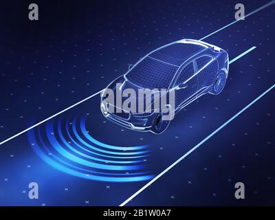 Illustration du concept de conduite autonome - rendu tridimensionnel montrant l'utilisation du capteur Banque D'Images