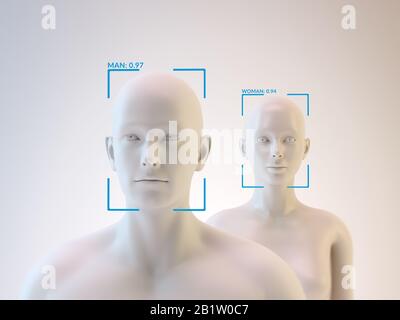 Logiciel de reconnaissance faciale avec intelligence aritificielle - illustration tridimensionnelle Banque D'Images