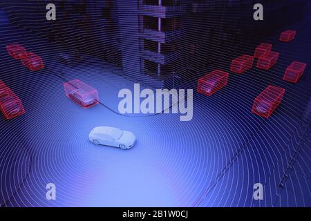 Illustration du concept de conduite autonome - rendu tridimensionnel montrant l'utilisation du capteur lidar Banque D'Images
