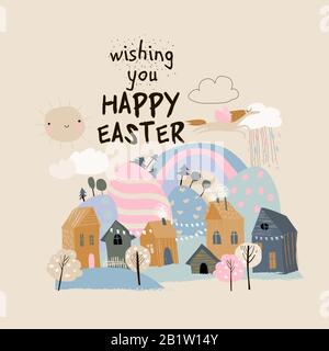 Jolie carte de dessin animé avec petite ville célébrant Pâques Illustration de Vecteur