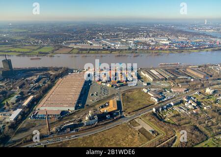 Photographie aérienne, Logport II, entrepôts logistiques Schnelleke, RRT Rhein-Ruhr terminal Company pour manutention des conteneurs et des marchandises mbH, Rhin, Duis Banque D'Images