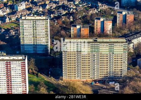 Photographie aérienne, parc résidentiel Hochheide, Les Géants blancs, Duisburg, Ruhr, Rhénanie-du-Nord-Westphalie, Allemagne, DE, Europe, formes et couleurs, Banque D'Images