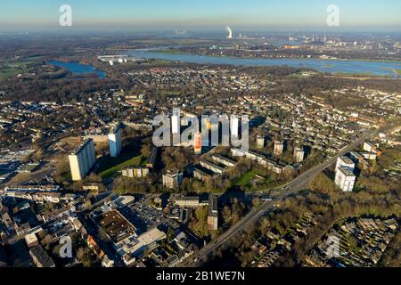 Photographie aérienne, parc résidentiel Hochheide, Les Géants blancs, Duisburg, Ruhr, Rhénanie-du-Nord-Westphalie, Allemagne, DE, Europe, formes et couleurs, Banque D'Images