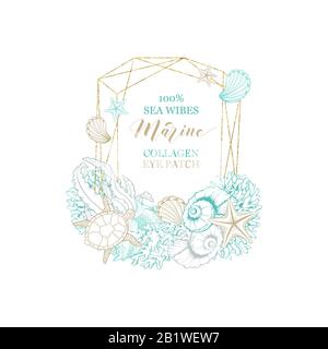 Cosmétiques de collagène d'eau de mer et marine, paquet de patch d'oeil vecteur de luxe doré design. Lignes d'art coquillages marins dessinés à la main, algues et corail avec étoiles de mer dans la couronne à cadre géométrique or Illustration de Vecteur