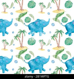 Motif sans couture avec joli éléphant et paume. Illustration de l'aquarelle dessinée à la main sur fond blanc Banque D'Images