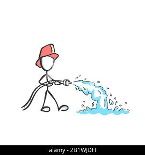 Incendie extinction pompier. Pompier avec eau. Tiré à la main. Dessin animé stickman. Esquisse Doodle, illustration graphique vectorielle Illustration de Vecteur