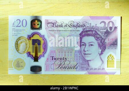 Le nouveau polymère £20 note qui a été publié au Royaume-Uni le 20 février 2020 Banque D'Images