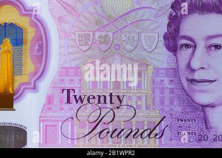 Le nouveau polymère £20 note qui a été publié au Royaume-Uni le 20 février 2020 Banque D'Images