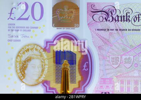 Le nouveau polymère £20 note qui a été publié au Royaume-Uni le 20 février 2020 Banque D'Images