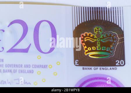 Le nouveau polymère £20 note qui a été publié au Royaume-Uni le 20 février 2020 Banque D'Images