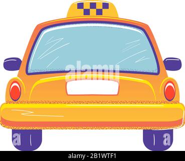 Modèle de bannière plate vue arrière cabine taxi sur fond blanc. Espace vide pour le numéro. Illustration vectorielle auto jaune. Panneau de service de transport isolé. Concept de vision arrière. Illustration de Vecteur