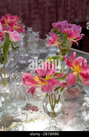 Table décorée de fleurs roses azalées dans des vases en cristal de verre. Banque D'Images