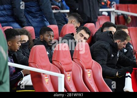 Londres, ANGLETERRE - 27 FÉVRIER Sokratis Papastathopoulos d'Arsenal sur le banc pendant le match de l'UEFA Europa League entre Arsenal et Olympiacos F.C. au stade Emirates, Londres, jeudi 27 février 2020. (Crédit: Ivan Yordanov | Mi News)Usage Éditorial Seulement Crédit: Mi News & Sport /Alay Live News Banque D'Images