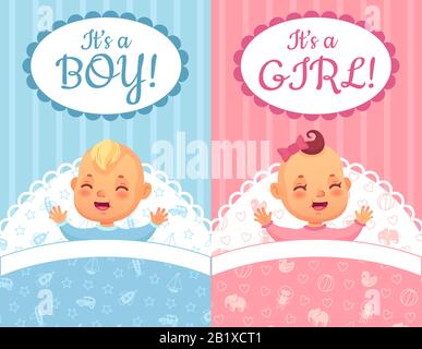 Cartes de douche de bébé. Son étiquette « A Boy and Girl », son joli jeu d'illustrations vectorielles « baby-dessinée » Illustration de Vecteur