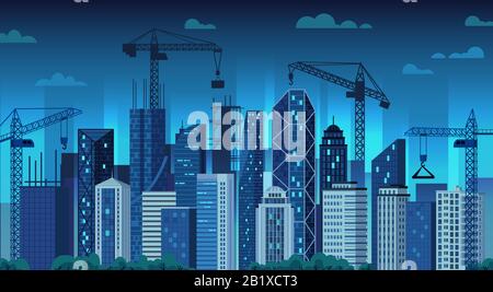 Développement urbain. Grues de construction de nuit, bâtiment moderne de la ville et illustration vectorielle de dessin animé de paysage urbain Illustration de Vecteur