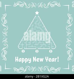 Carte de vœux du nouvel an avec labyrinthe triangulaire. Trouvez le chemin approprié vers l'étoile. Jeux pour enfants. Arbre de Noël. Marbruler le tambour. Illustratio vectoriel Illustration de Vecteur