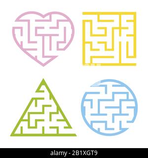 Un jeu de mazes de lumière colorée. Cercle, carré, triangle, coeur. Jeux pour enfants. Puzzle pour enfants. Une entrée, une sortie. Tambour de conuntambour de labyrinthe. Plat Illustration de Vecteur