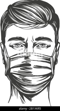 le coronavirus est une maladie dangereuse, un homme dans un masque, un respirateur, une protection contre le virus. illustration vectorielle dessinée à la main. Illustration de Vecteur
