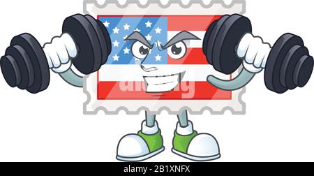 Icône de mascotte de timbre de jour d'indépendance sur l'exercice de forme physique essayant des barbells Illustration de Vecteur