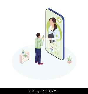 Illustration isométrique de l'application pour smartphone eHealth. Patient masculin communiquant avec le personnage de bande dessinée de spécialiste médical personnel. Médecin consultant client Illustration de Vecteur