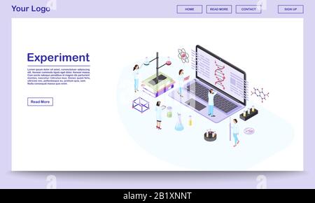 Modèle de site Web isométrique en génie génétique. Les scientifiques analysent la spirale d'ADN sur l'écran de l'ordinateur portable. Experts en biotechnologie, chercheurs Illustration de Vecteur
