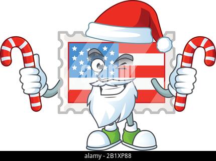 Style mascotte de dessin animé de jour d'indépendance en costume de Père Noël avec bonbons Illustration de Vecteur